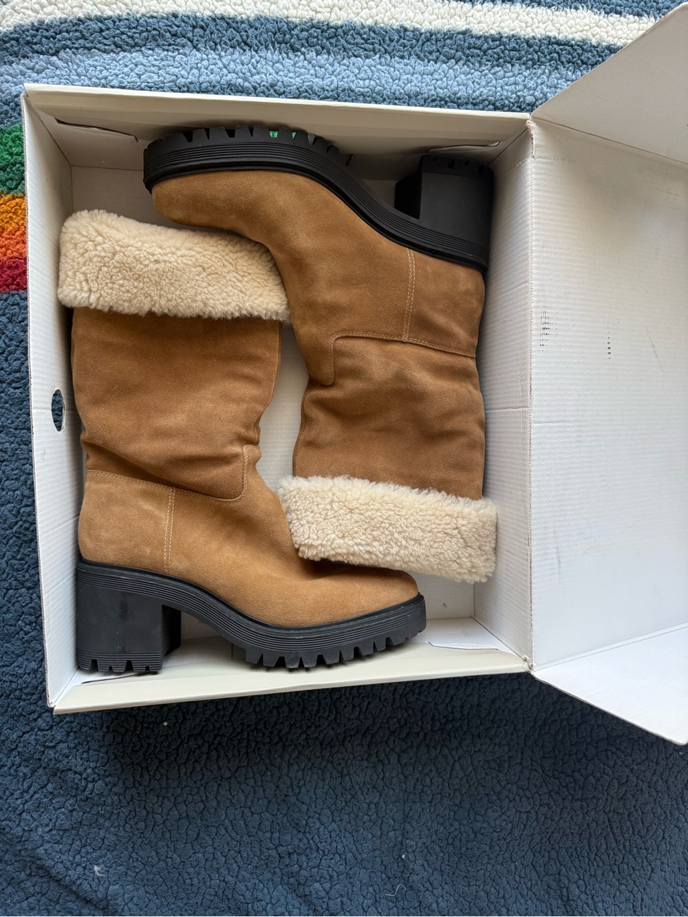 Marc Fisher Tan Suede Winter Boots with Cream Shearling Trim